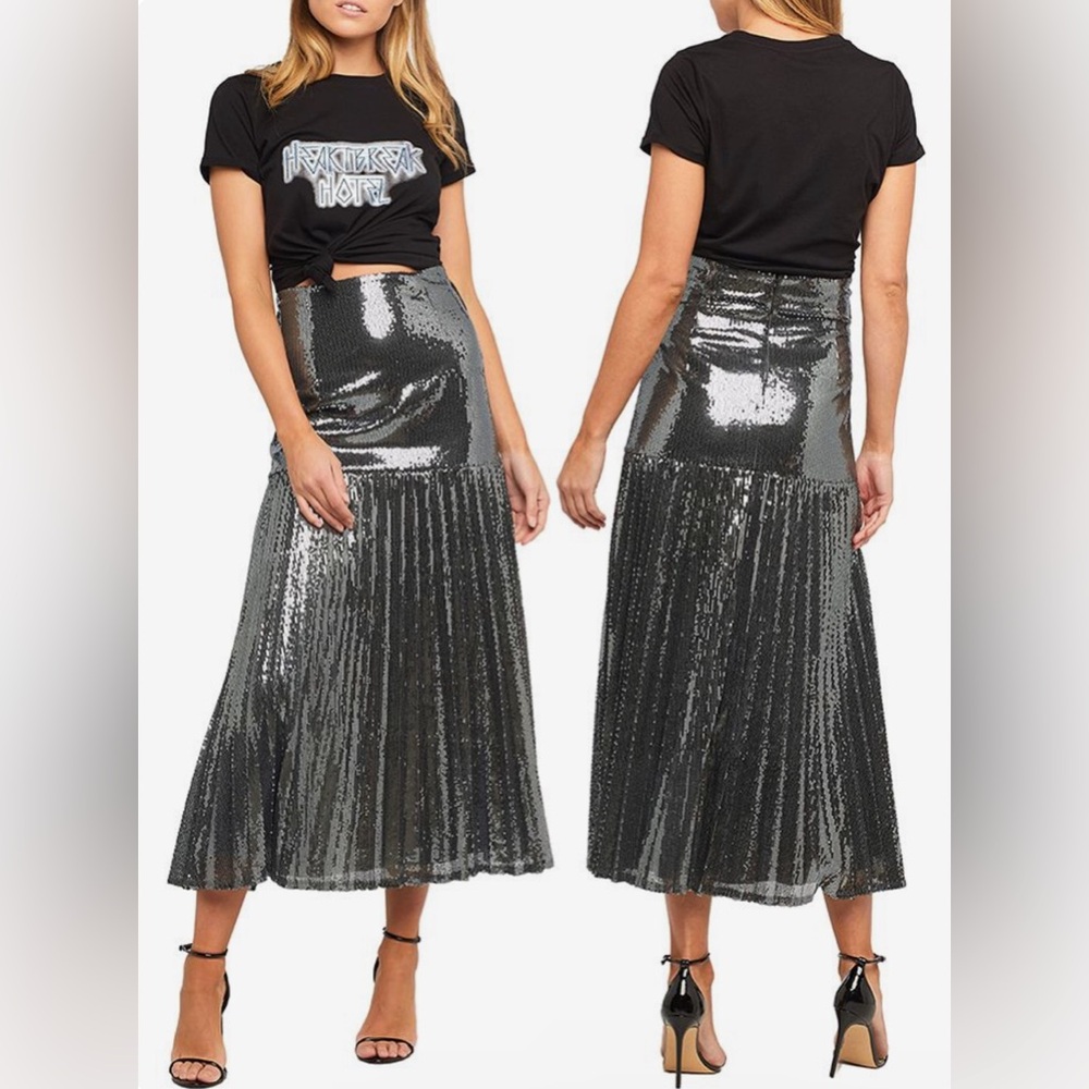 Bardot Pleated maxi sequin Skirt in Gunmetal Gray